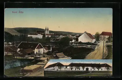 AK Nová Rise, Gesamtansicht der Ortschaft, Blick auf ein langgezogenes Gebäude