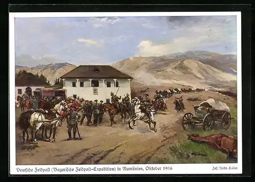 Künstler-AK Rumänien, Bayerische Feldpost-Expedition 1916, Soldaten zu Pferde