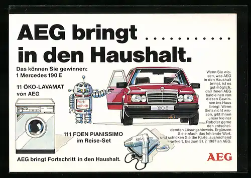 AK Reklame für Öko-Lavamat u. Haarföhn von AEG, Gewinnspiel für einen Mercedes 190 E