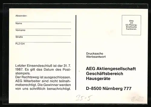 AK Reklame für Öko-Lavamat u. Haarföhn von AEG, Gewinnspiel für einen Mercedes 190 E