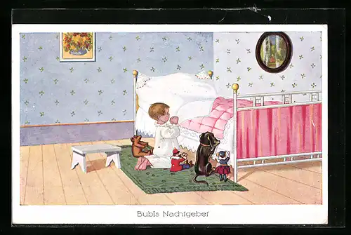 Künstler-AK Dackel, Junge betet mit Hund am Bett