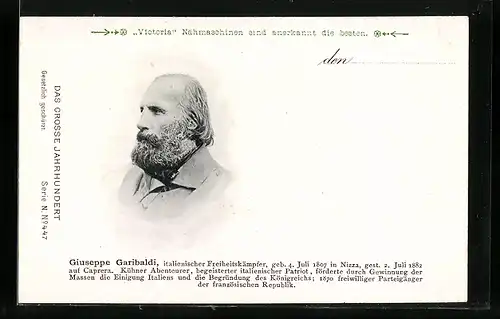 AK Porträt Freiheitskämpfer Giuseppe Garibaldi, italienischer Unabhängigkeitskrieg