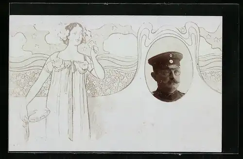 Foto-AK Soldat mit Zwicker, Dame mit Tamburin, Jugendstil