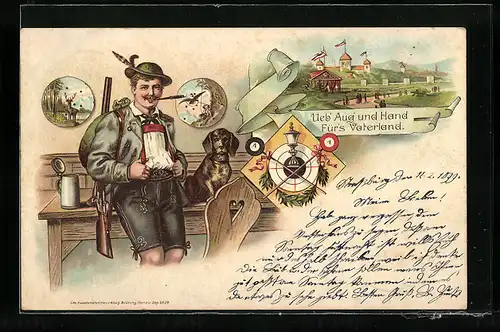AK Schützenverein, Schütze mit Gewehr & Jagdhund, Festgelände mit Schiessstand, Wappen mit Zielscheibe