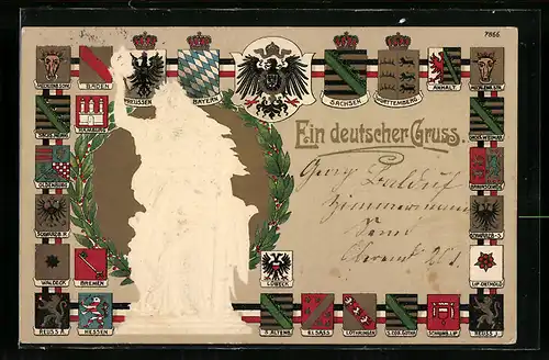 Künstler-AK Bruno Bürger & Ottillie Nr. 7866: Ein deutscher Gruss, Germania geprägt mit Wappen von Schwarzburg