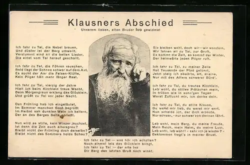 AK Klausners Abschied, dem Einsiedler Ivo gewidmet