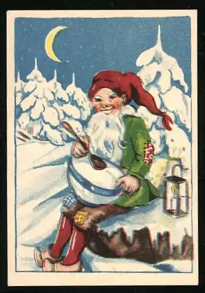 Mini-AK Zwerg mit grosser Schüssel bei Nacht im Schnee