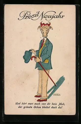 Künstler-AK Ochse im Anzug mit Hut und Gehstock wünscht Prosit Neujahr