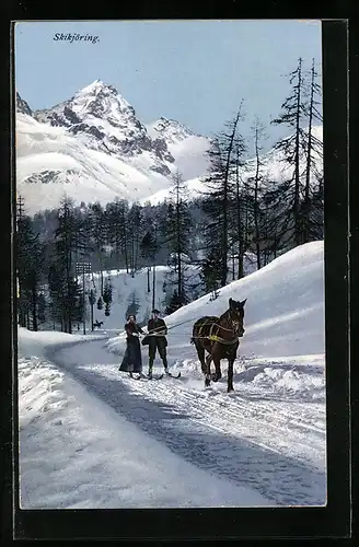 AK Maloja / Engadin, Skikjöring, Skifahrer mit Pferdegespann im Schnee, Pferdesport