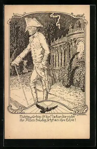 Künstler-AK Franz Stassen: König Friedrich II. (der Grosse) stehend in Uniform, Deutsch-Nationaler Jugendbund Karte Nr. 1