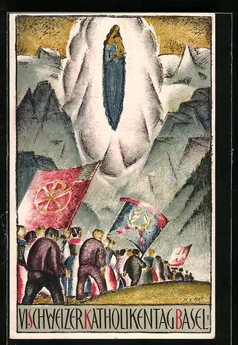 Künstler-AK Basel, VI. Schweizer Katholikentag, Festzug zum Gnadenbild