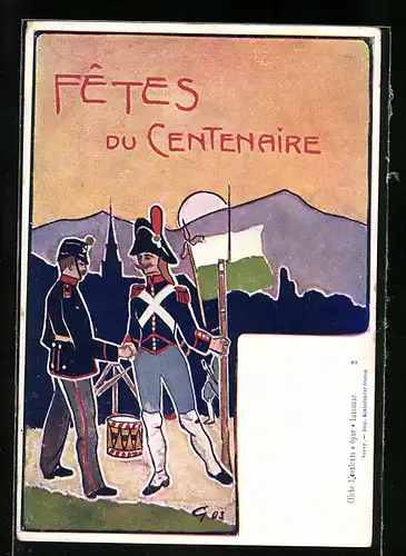 Künstler-AK Lausanne, Fetes du Centenaire, Schweizer Soldaten reichen sich die Hand