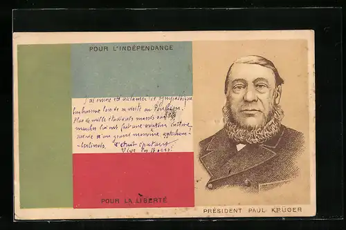 Lithographie President Paul Krüger während des Burenkriegs, Pour l`Indépendance