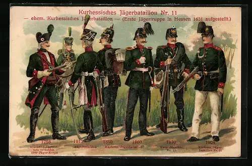 Lithographie Soldaten in Uniformen des Kurhessischen Jägerbataillon Nr. 11 von 1758-1909