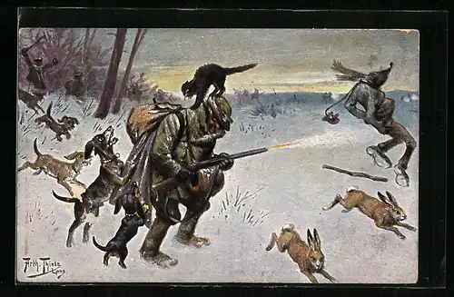 Künstler-AK Arthur Thiele: Jäger versucht auf Hasen zu schiessen, Dackel