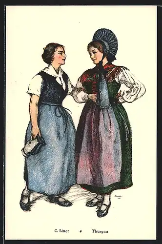 Künstler-AK Thurgau, Frau in schönen Trachtenkleidern