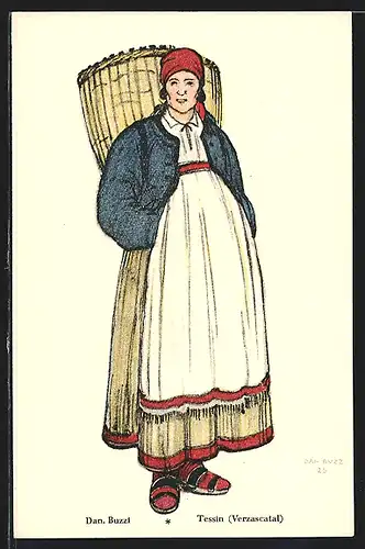 Künstler-AK Tessiner Bäuerin mit Weidenkorb