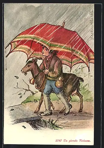 Künstler-AK Un piccolo Ticinese, Knabe mit grossem Schirm und Ziege im Regen