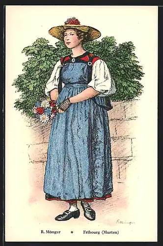 AK Frau in Tracht aus Fribourg