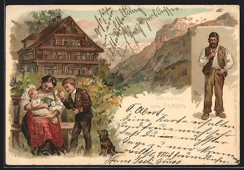 Lithographie Schweiz, Frau mit Baby und Jungen in den Bergen, Mann mit Tabakspfeife