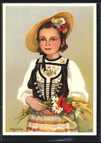 Künstler-AK Soleure, Junge Frau in Tracht mit Blumen