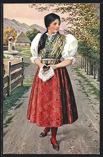 Künstler-AK Tschechien, Czecho-Slovak national Costumes, Frau in Tracht