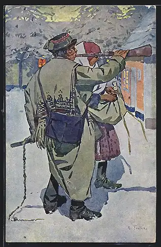 AK Slowakisches Paar in Tracht im Schnee, Weihnachtsgruss