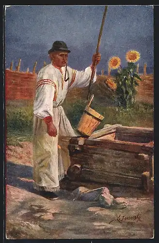 Künstler-AK Slowakischer Bauer in Tracht am Brunnen, Sonnenblumen