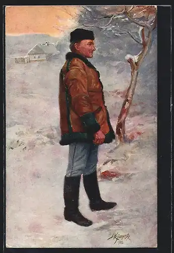 Künstler-AK Piest`an, Slowakischer Bauer im Pelz im Winter