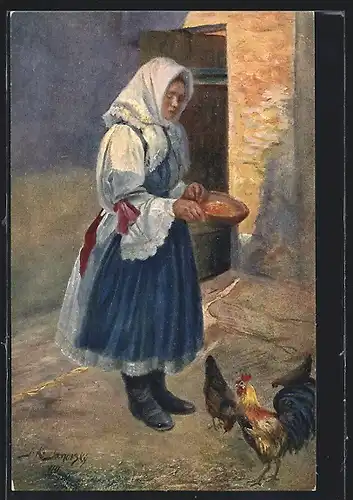 AK Pöstyéner, Magyar typusok, Bei der Arbeit, Munka mellet, Frau in ungarischer Tracht füttert Hühner