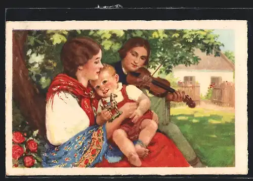 Künstler-AK Ceska Lipa, Zwei Slowakinnen mit einem Kind