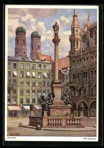 Künstler-AK Richard Wagner: München, Marienplatz mit Rathaus und Mariensäule