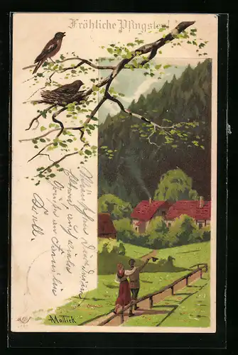 Künstler-AK Alfred Mailick: Paar beim Spaziergang im Frühling, Vogelpaar am Nest