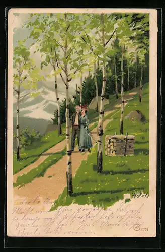 Künstler-AK Alfred Mailick: Fröhliche Pfingsten!, Paar beim Pfingstspaziergang