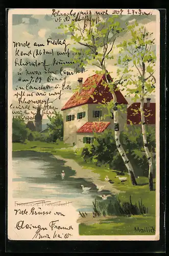Künstler-AK Alfred Mailick: Wasserpartie mit Birken, Haus und Kirche - Pfingstgruss
