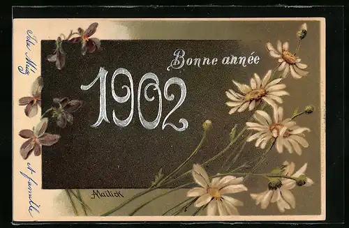 Künstler-AK Alfred Mailick: Gänseblumen und Veilchen, Neujahrsgruss 1902