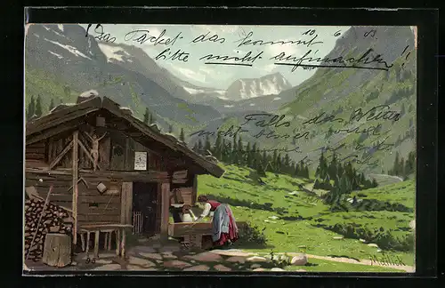 Künstler-AK Alfred Mailick: Bäuerin holt Wasser an der Berghütte