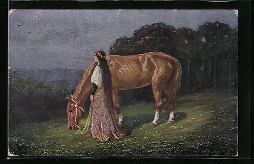 Künstler-AK Alfred Mailick: Frau mit Pferd in der Abendsonne