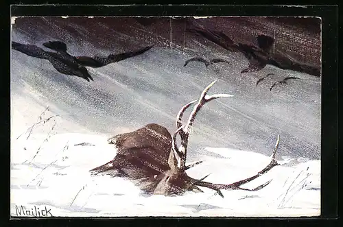 Künstler-AK Alfred Mailick: erlegter Hirsch im Schnee