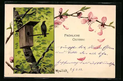 Künstler-AK Alfred Mailick: Vogel am Vogelhaus, Ostergruss