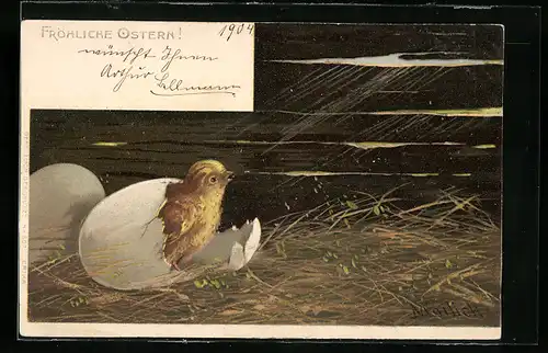 Künstler-AK Alfred Mailick: Fröhliche Ostern, Osterküken schlüpft aus Ei