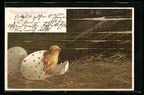 Künstler-AK Alfred Mailick: Fröhliche Ostern, Osterküken schlüpft aus Ei