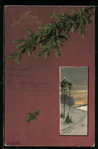 Künstler-AK Alfred Mailick: Winterlandschaft mit Bäumen, Tannenzweig, Weihnachtsgruss