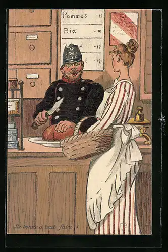 AK Schweizer Soldat in Uniform an der Verkaufstheke