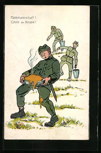 AK Schweizer Soldat mit einem Teller Suppe