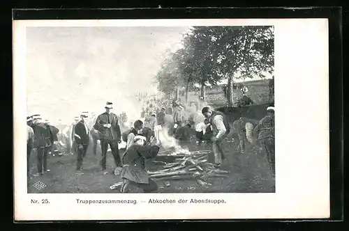 AK Truppenzusammenzug, Schweizer Soldaten beim Abkochen der Abendsuppe