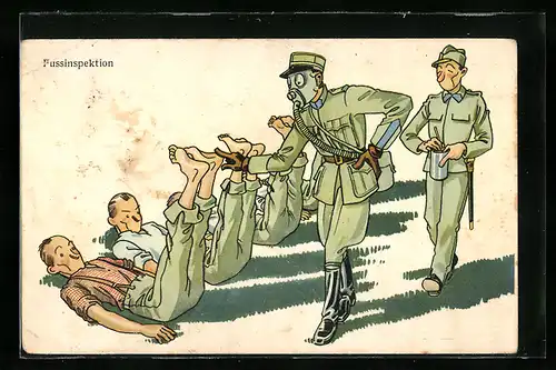 AK Schweizer Hauptmann mit Gasmaske kontrolliert die Füsse der Soldaten