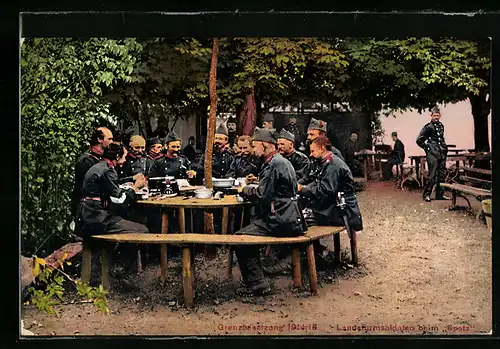AK Schweizer Soldaten bei der Mittagspause, Grenzbesetzung 1914