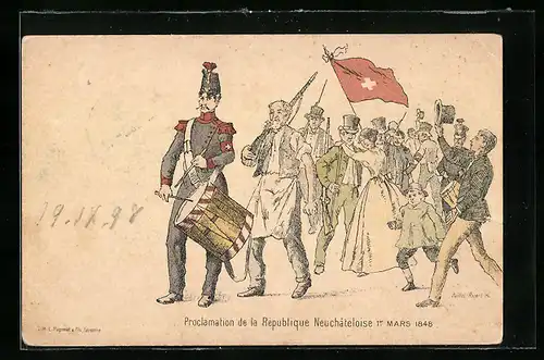 Künstler-AK Neuchâtel, Proclamation de la Republique Neuchâteloise, Militärtrommler