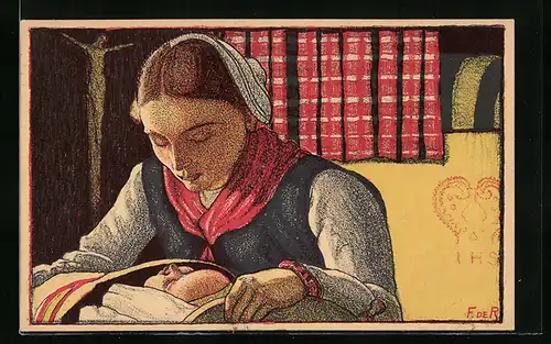 Künstler-AK Eine Frau mit ihrem schlafenden Baby, Karte für den aus dem Ausland zurückgekehrten Schweizersoldat